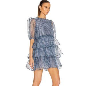 Ganni Blue Checked Tiered Mini Dress